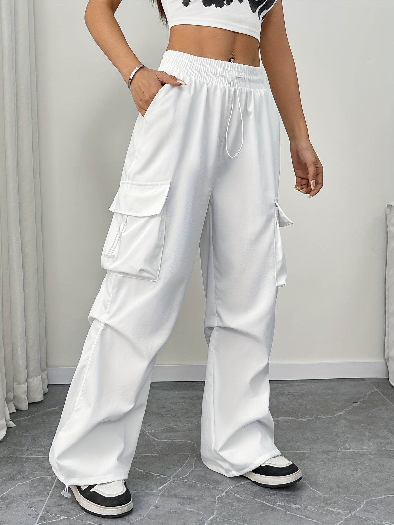 Women's Cargo Pocket Parachute Pants – High Waist Drawstring Wide Leg Street