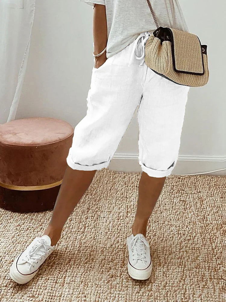 Women's Casual Linen Capri Shorts – Drawstring Waist Rolled Cuff Pocket Summer