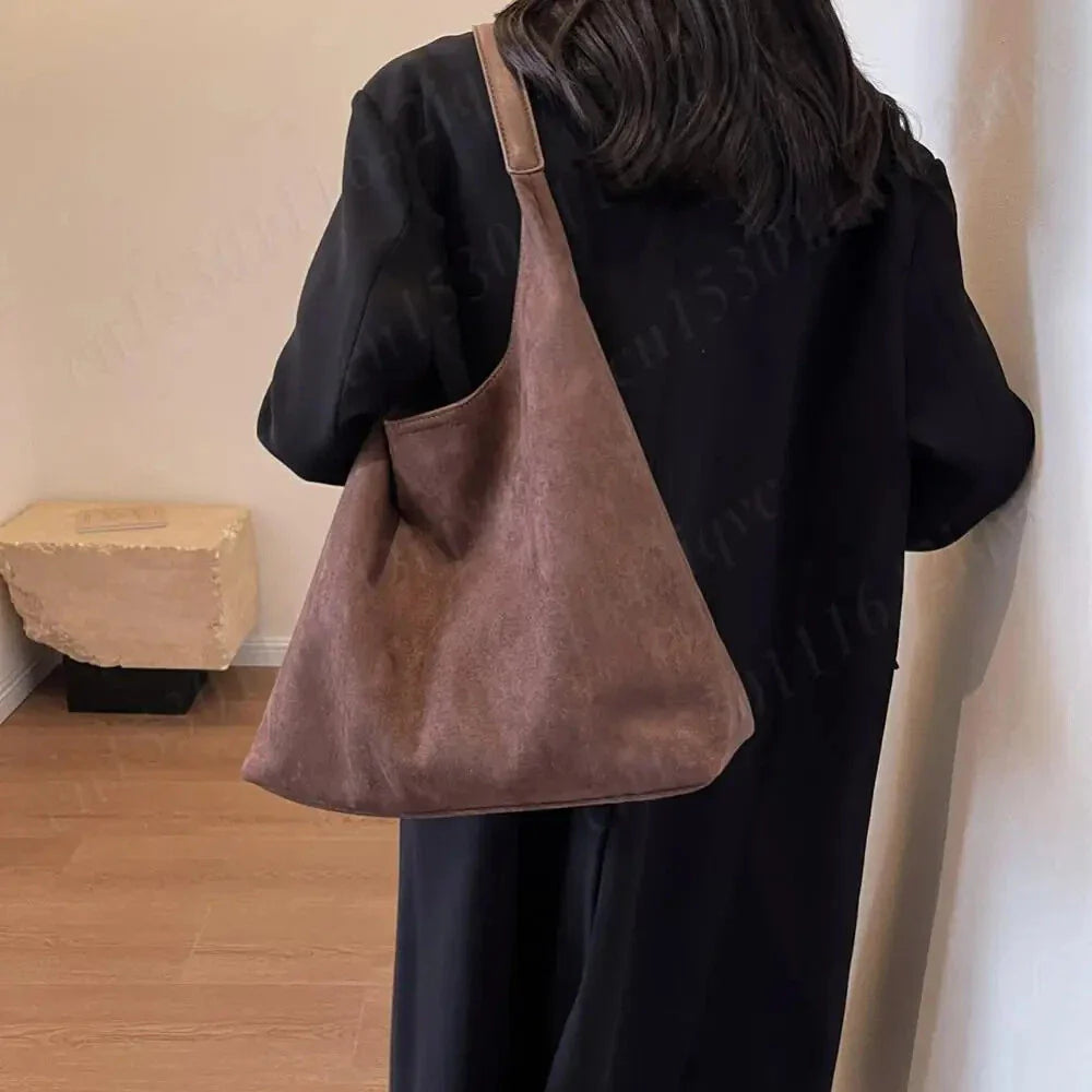 Women's Casual Suede Shoulder Bag – Wide Open Top Triangle Hobo Everyday