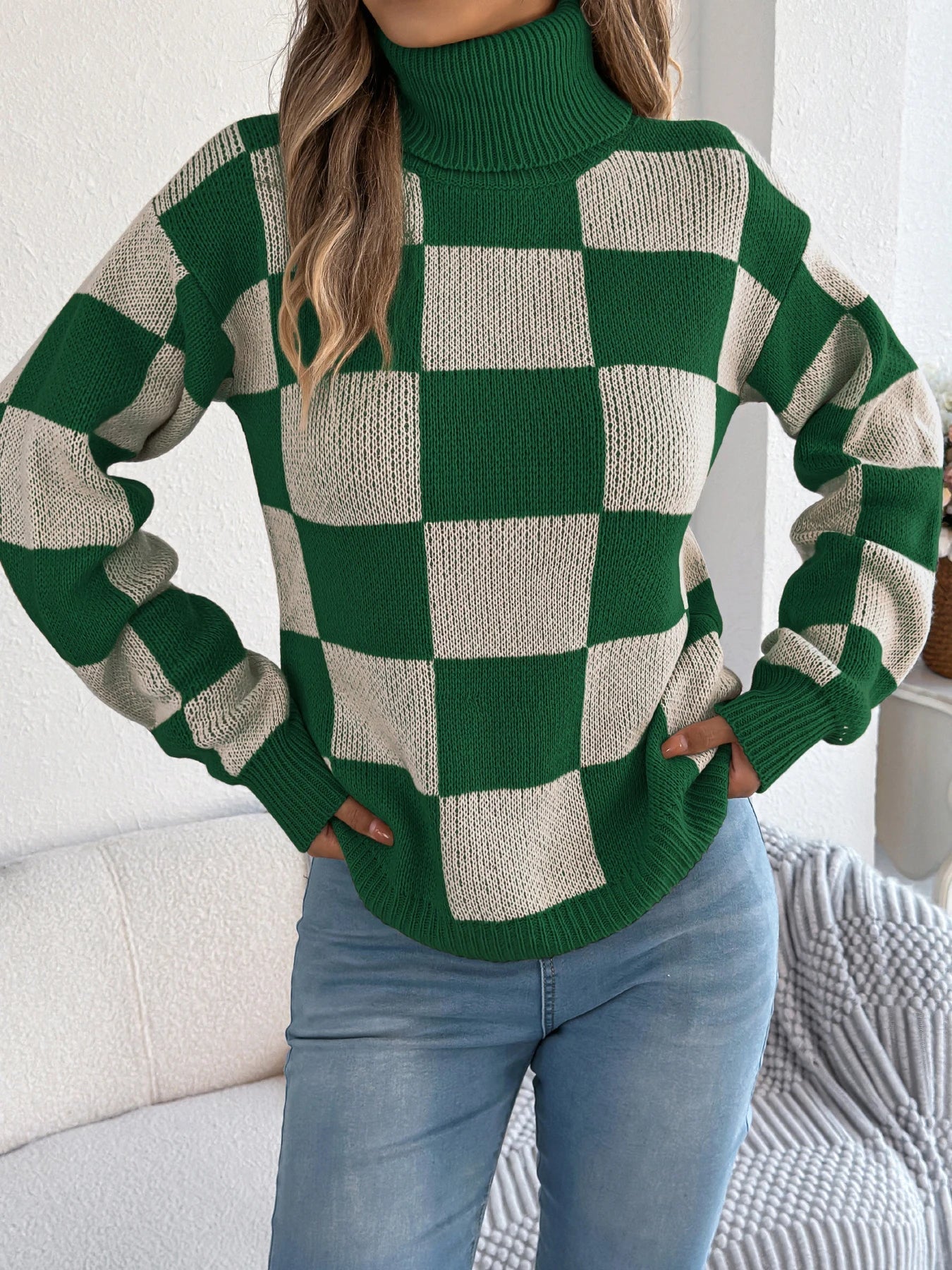 Women's Checkered Turtleneck Sweater – Long Sleeve Knit Vacation