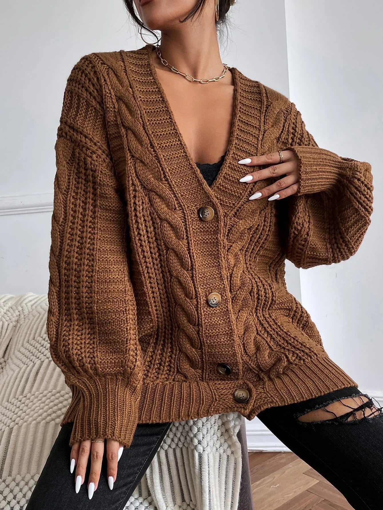 Women's Chunky Cable Knit Cardigan – Oversized V Neck Button Front Sweater