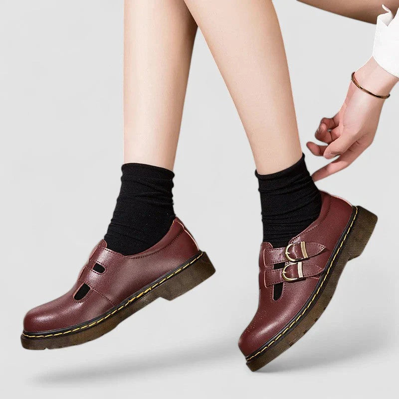 Women's Closed Toe Mary Jane Shoes – Double Buckle Strap Cut Out Round Toe Flat