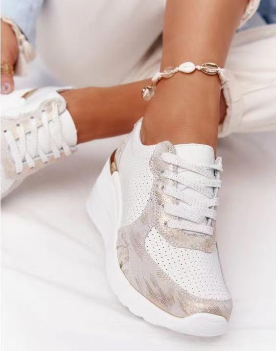 Women's Closed Toe Platform Sneakers – Lace Up Foil Panel Wedge Casual