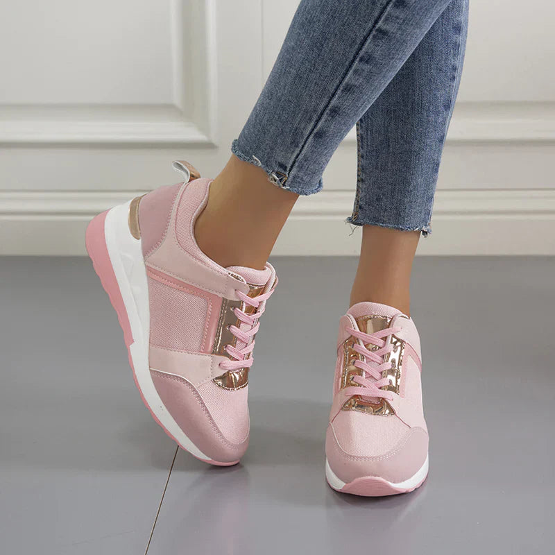 Women's Closed Toe Platform Sneakers – Lace Up Foil Panel Wedge Casual
