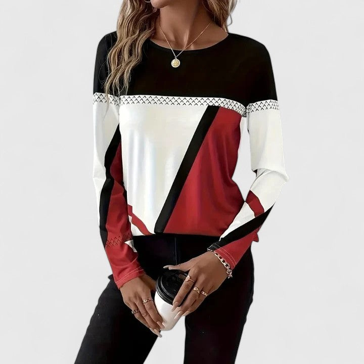 Women's Color Block Crew Neck Sweater – Long Sleeve Geometric Casual