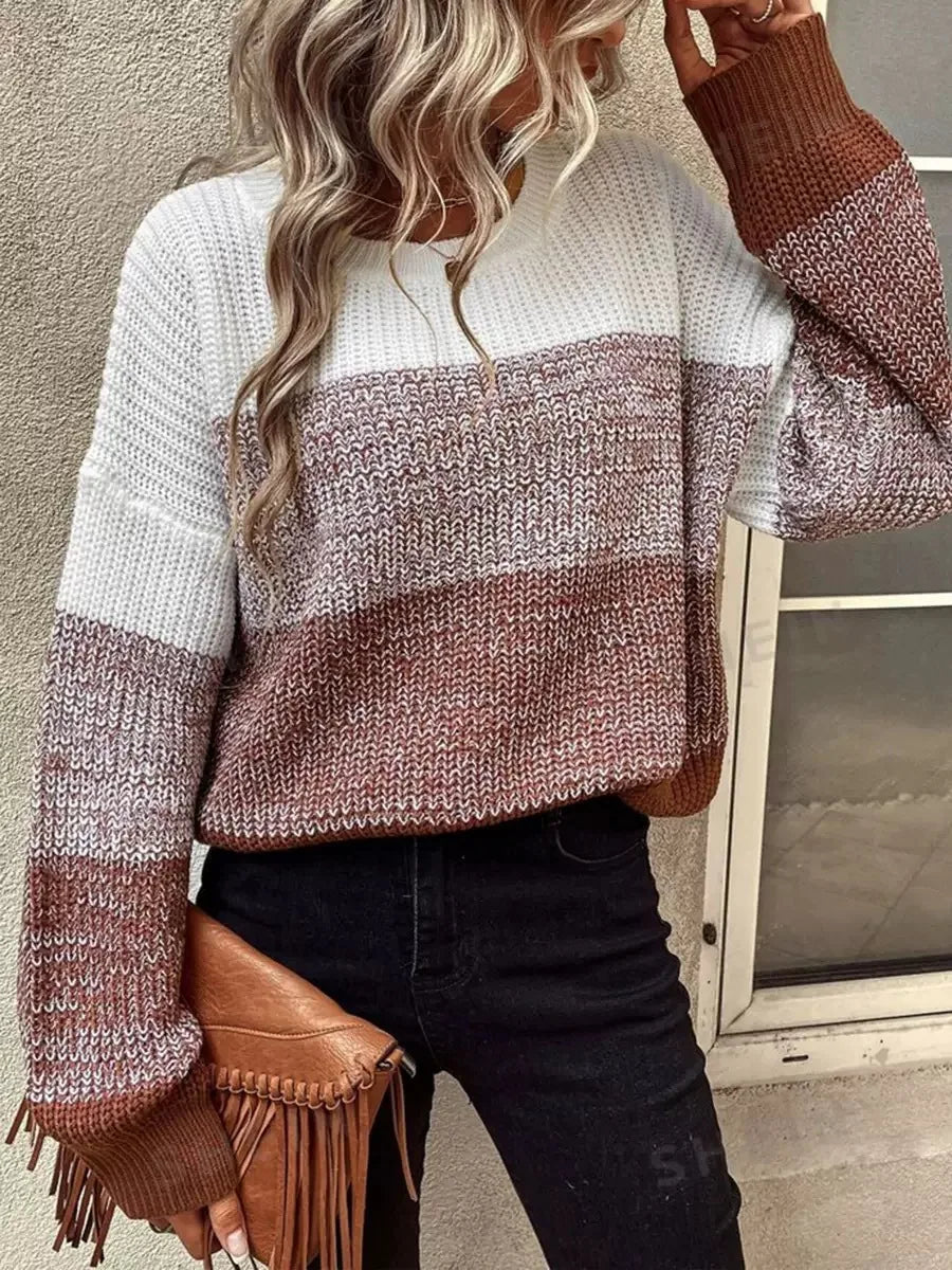 Women's Color-Block Long Sleeve Sweater – Crew Neck Knit Casual