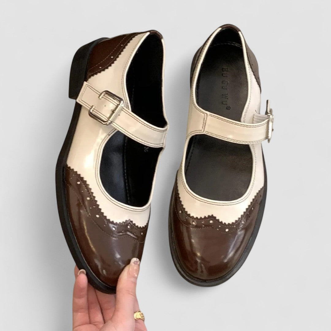 Women's Contrast Two-Tone Mary Jane Shoes – Closed Toe Buckle Strap Brogue Flat