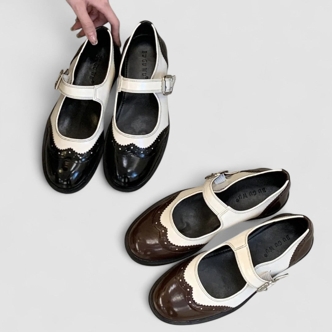 Women's Contrast Two-Tone Mary Jane Shoes – Closed Toe Buckle Strap Brogue Flat
