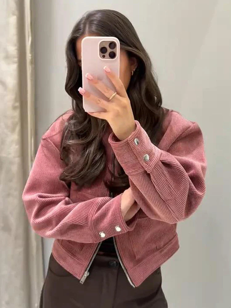 Women's Corduroy Cropped Bomber Jacket – Zip Front Snap Cuff Casual