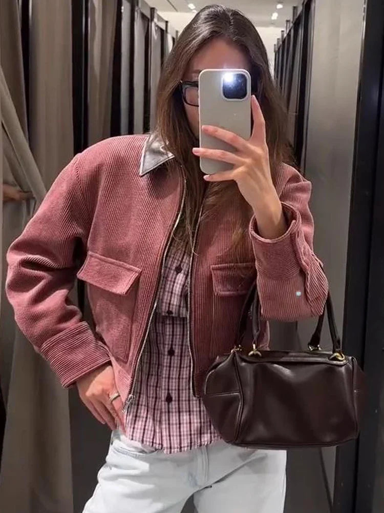 Women's Corduroy Cropped Bomber Jacket – Zip Front Snap Cuff Casual