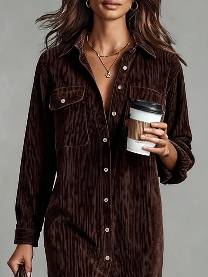 Women's Corduroy Midi Shirt Dress – Button Front Long Sleeve Casual