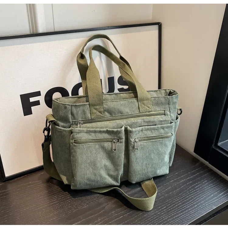 Women's Corduroy Shoulder Bag – Multi Pocket Zip Top Handle Everyday Bag