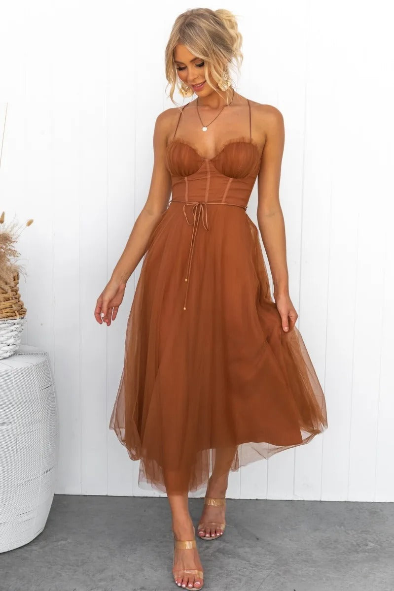 Women's Corset Tulle Midi – Spaghetti Strap Sweetheart Wedding Guest Dress