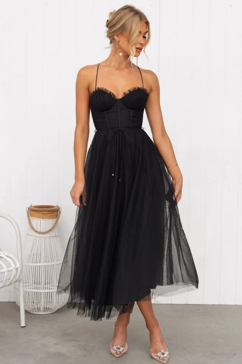 Women's Corset Tulle Midi – Spaghetti Strap Sweetheart Wedding Guest Dress