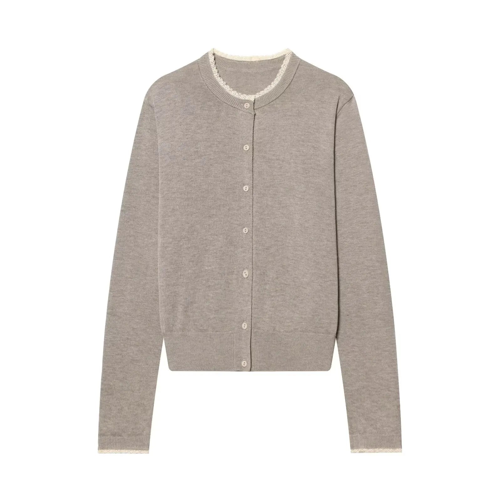 Women's Crew Neck Button Knit Cardigan – Lace Trim Long Sleeve Everyday Wear