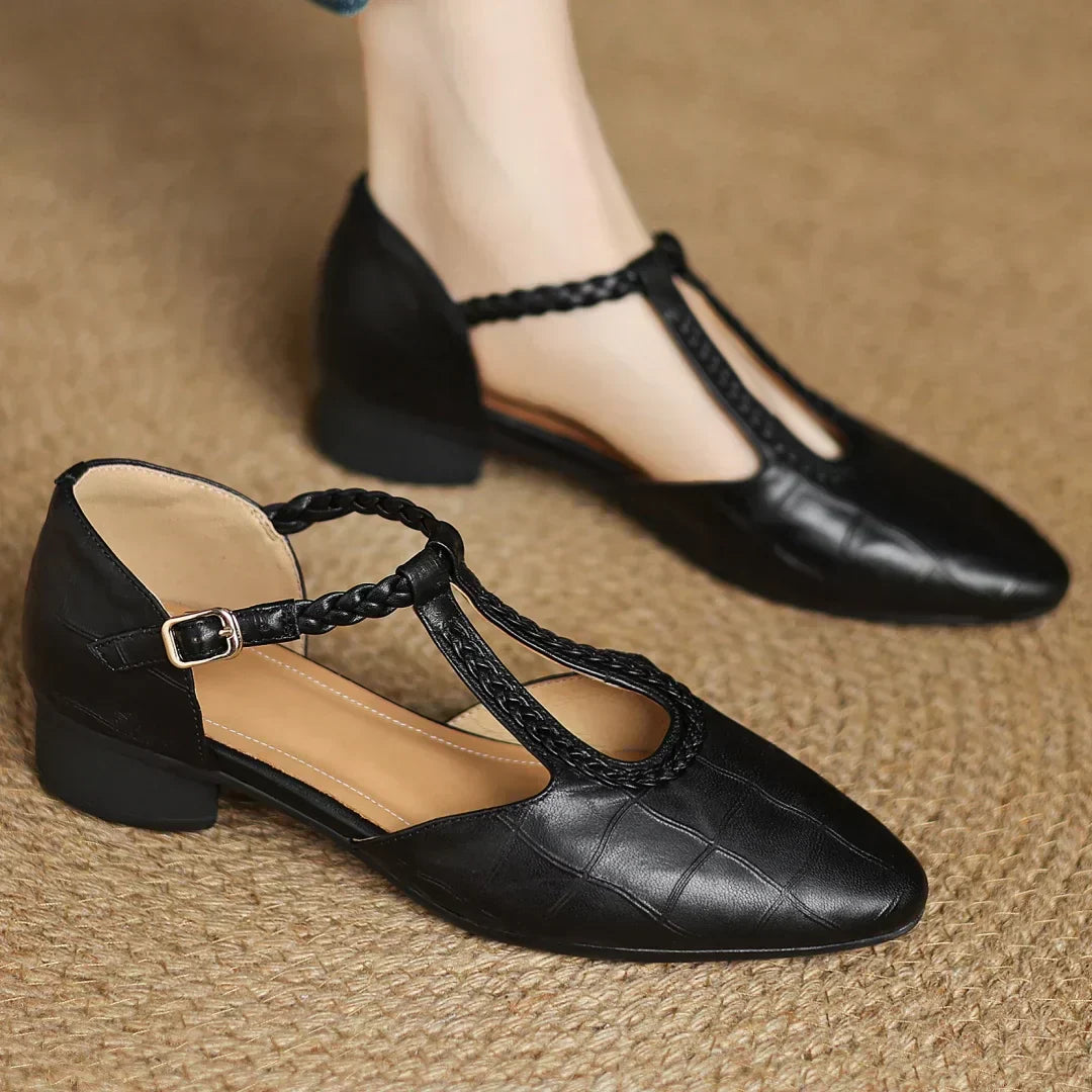 Women's Croc Embossed Mary Jane Flats – Braided T-Strap Adjustable Buckle Round Toe