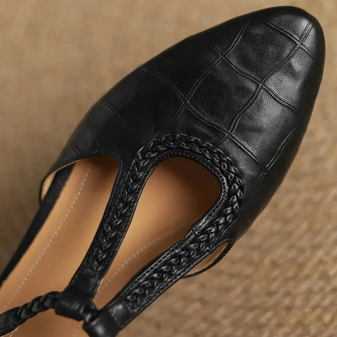 Women's Croc Embossed Mary Jane Flats – Braided T-Strap Adjustable Buckle Round Toe