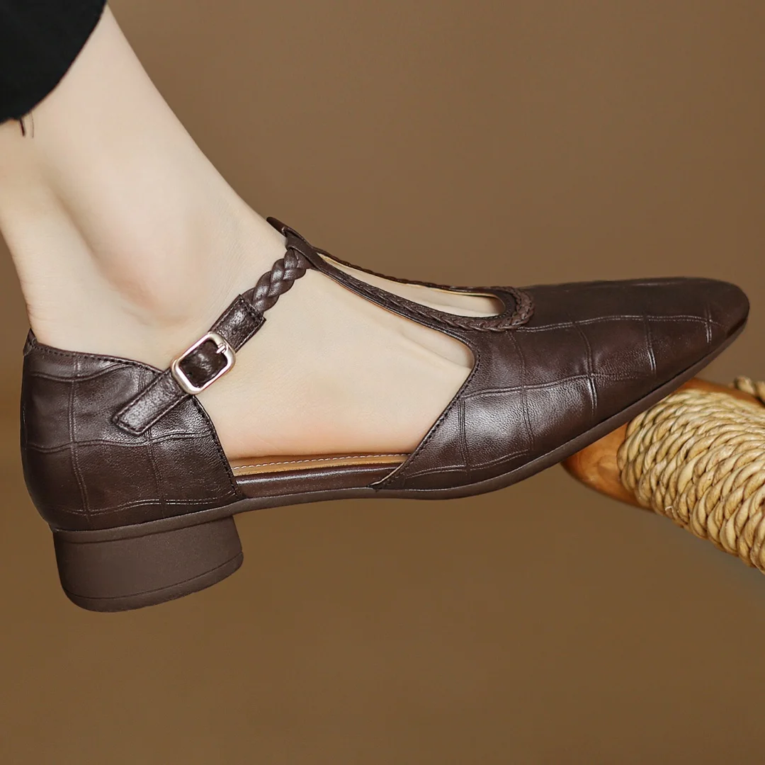 Women's Croc Embossed Mary Jane Flats – Braided T-Strap Adjustable Buckle Round Toe