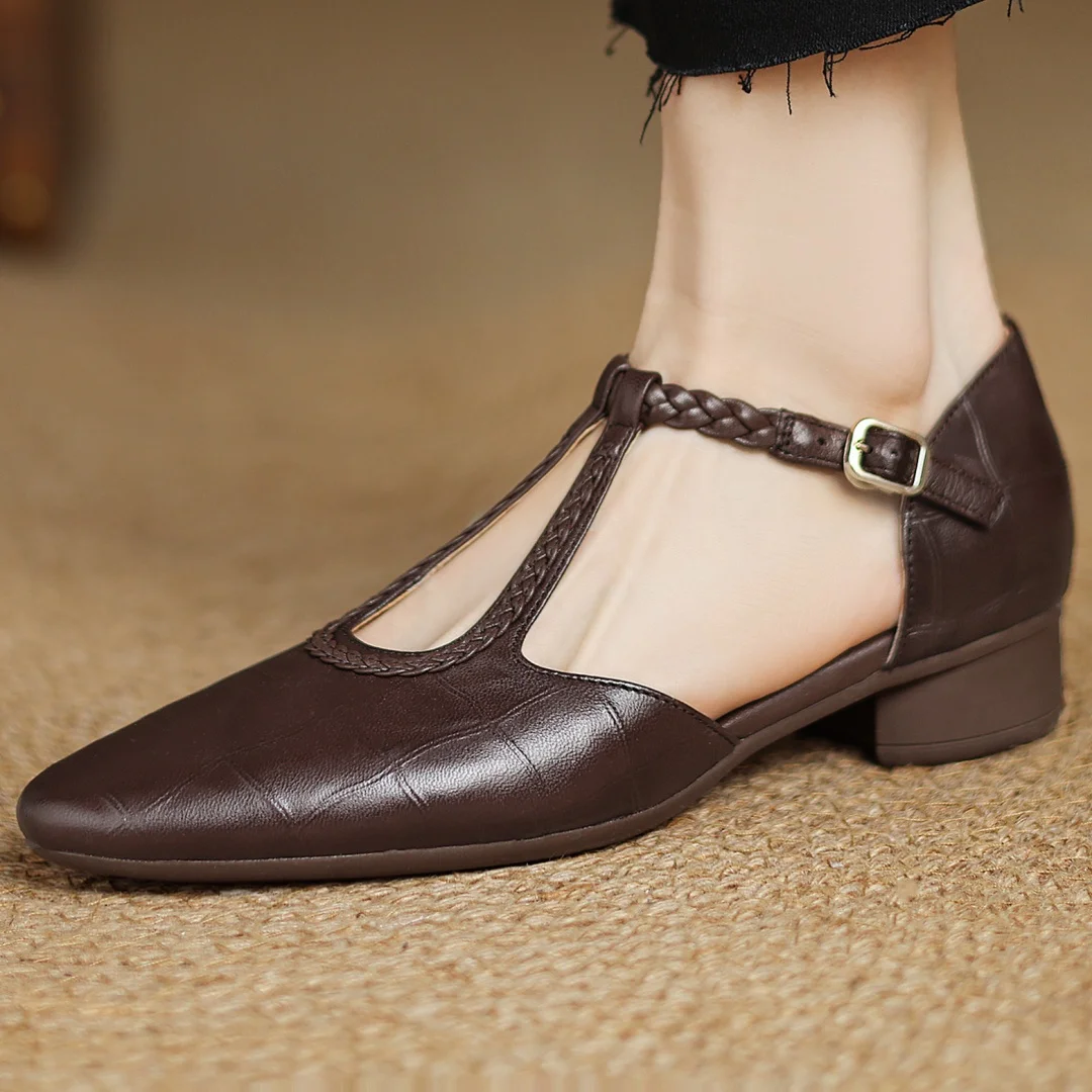 Women's Croc Embossed Mary Jane Flats – Braided T-Strap Adjustable Buckle Round Toe