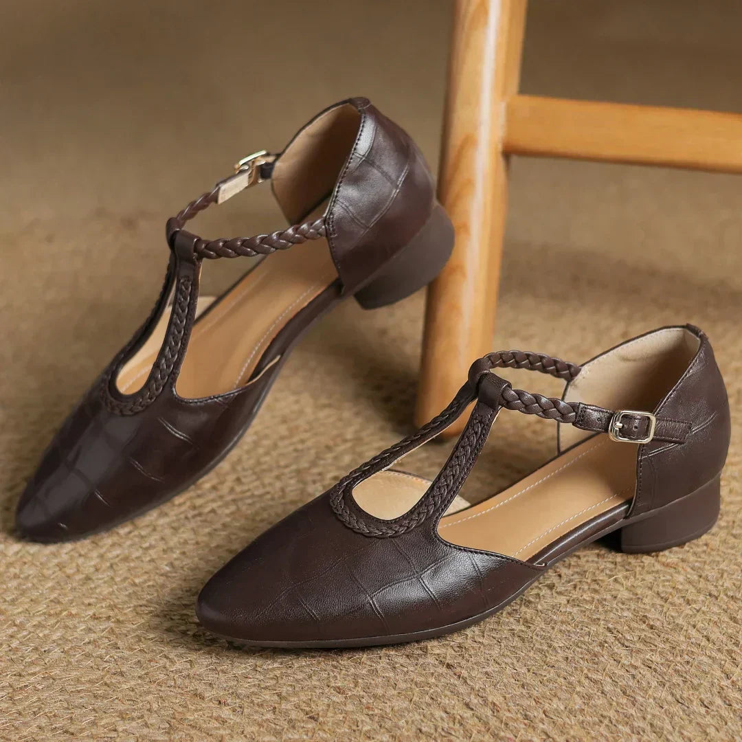 Women's Croc Embossed Mary Jane Flats – Braided T-Strap Adjustable Buckle Round Toe