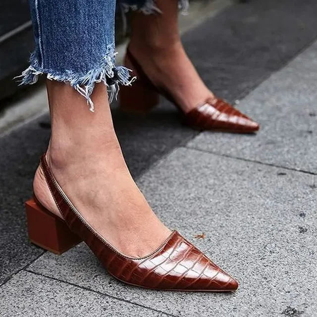 Women's Croc Embossed Pointed Toe Slingback Pumps – Block Heel Office Work