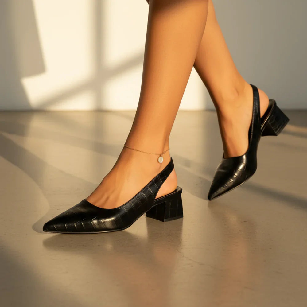 Women's Croc Embossed Slingback Pumps – Pointed Toe Low Block Heel Office