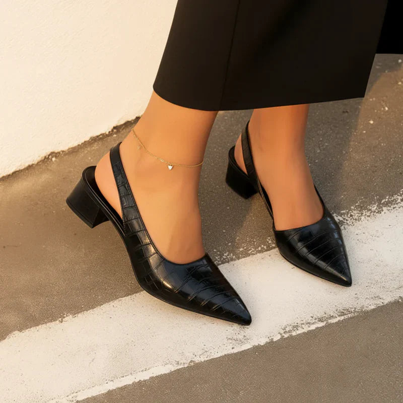 Women's Croc Embossed Slingback Pumps – Pointed Toe Low Block Heel Office