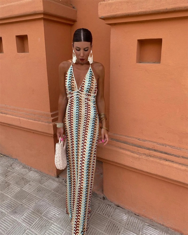 Women's Crochet Chevron Maxi – Halter V Neck Lace Up Beach Wedding Guest Dress