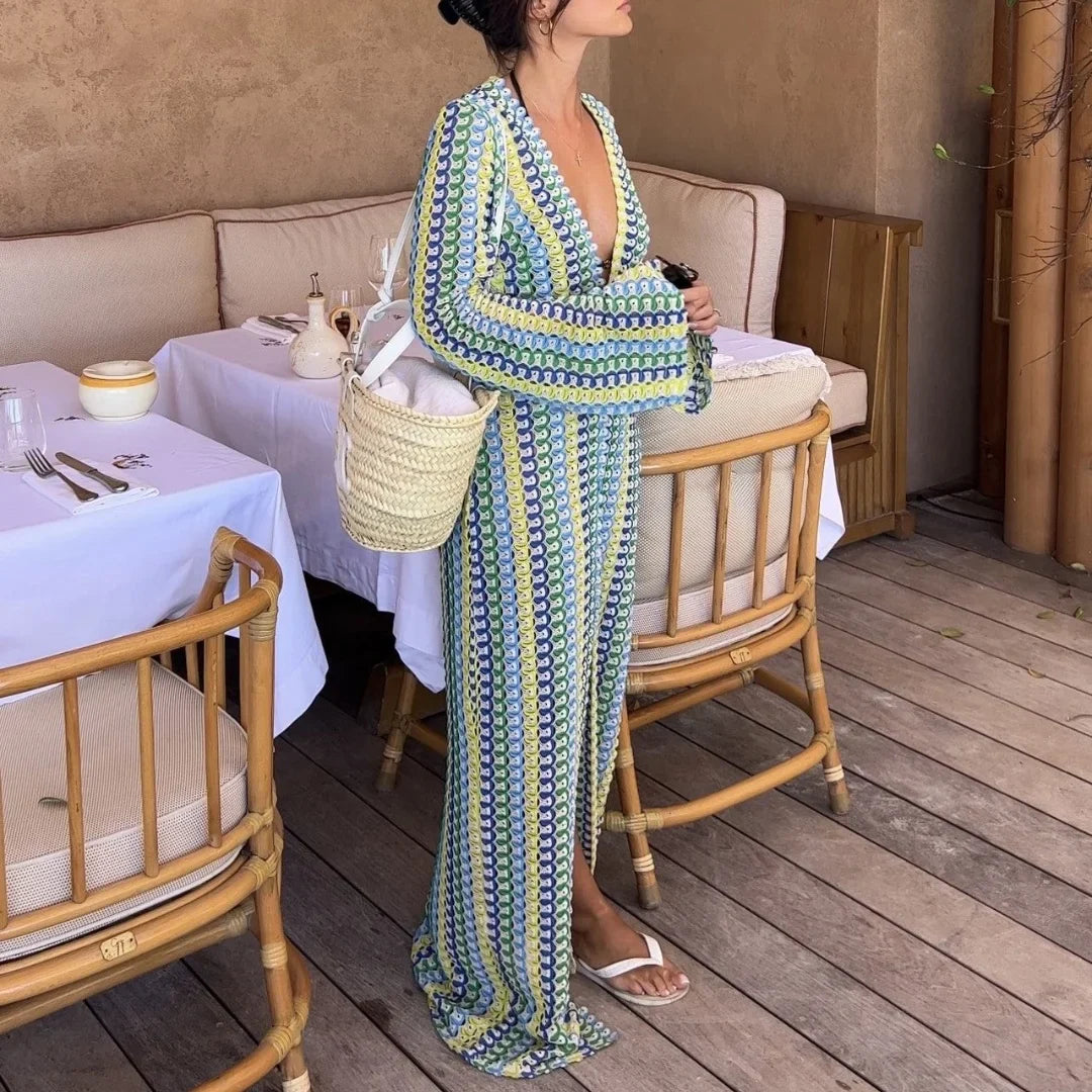 Women's Crochet Maxi Dress – V Neck Front Slit Long Sleeve Summer Beach