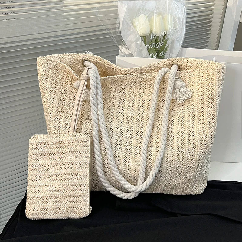 Women's Crochet Tote Bag – Woven Rope Handle Pouch Beach Summer