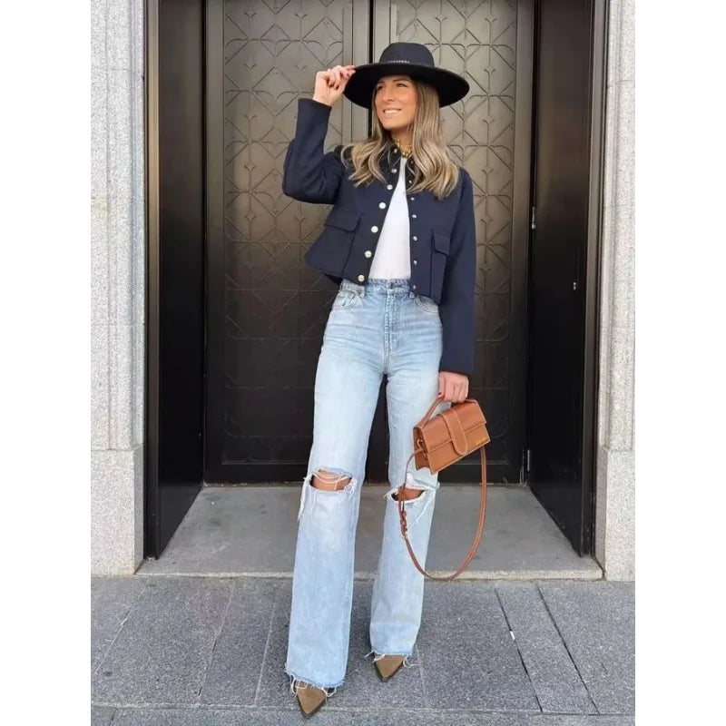 Women's Cropped Bomber Jacket – Single Breasted Spread Collar Patch Pockets