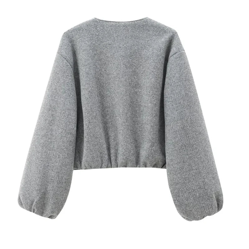 Women's Cropped Bomber Jacket – Zip Front Collarless Balloon Sleeve Casual