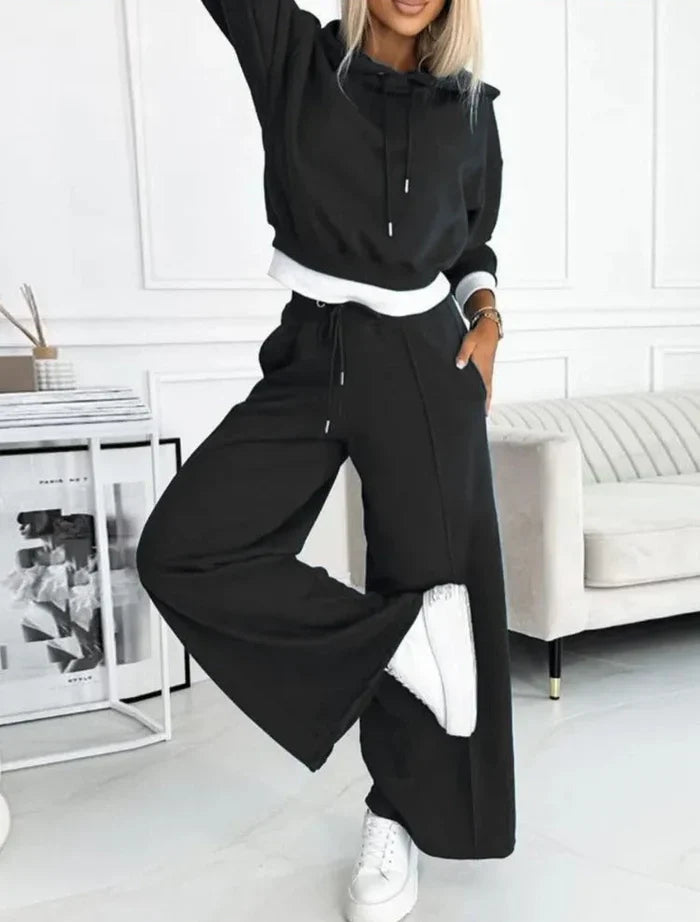 Women's Cropped Pullover Hoodie Wide Leg Pants – 2 Piece Tracksuit Set