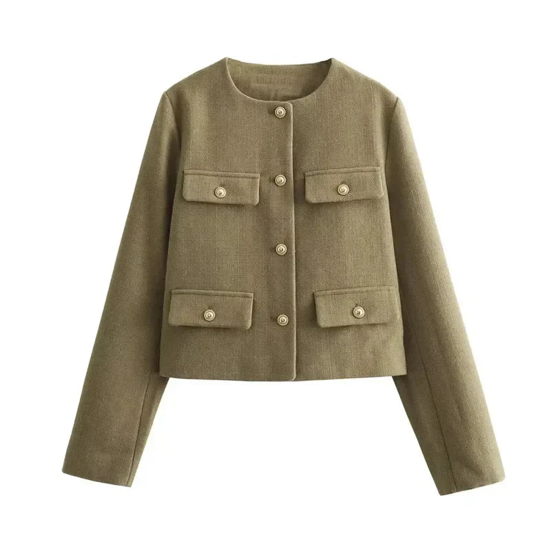 Women's Cropped Single Breasted Bomber Jacket – Collarless Flap Pockets