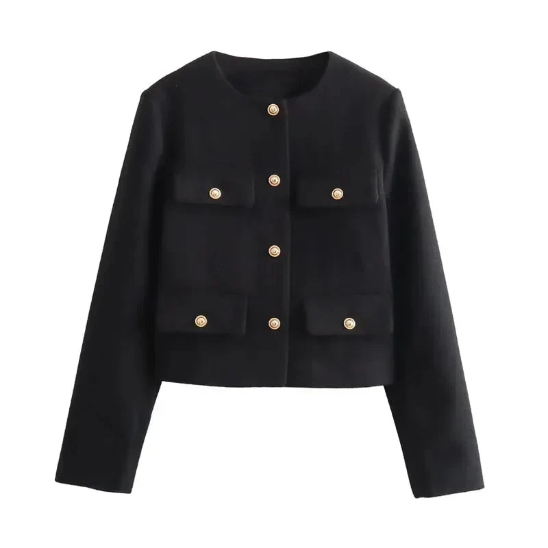 Women's Cropped Single Breasted Bomber Jacket – Collarless Flap Pockets