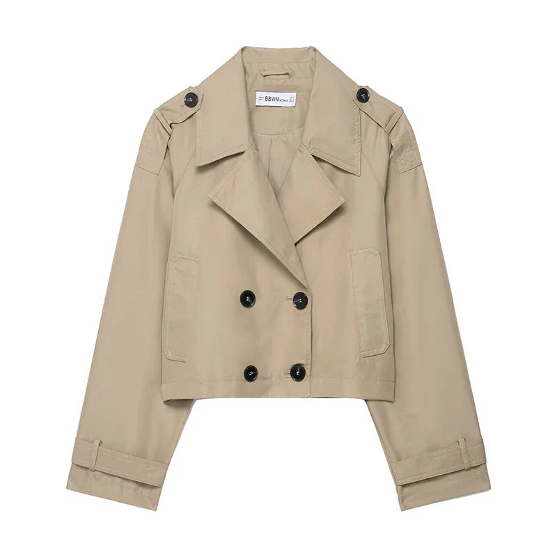 Women's Cropped Trench Jacket – Double Breasted Collarless Cuffed Sleeve Smart