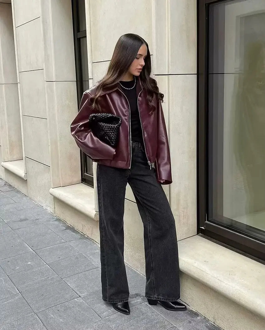 Women's Cropped Wide Collar Zip Front Jacket – Oversized Moto Biker Long Sleeve