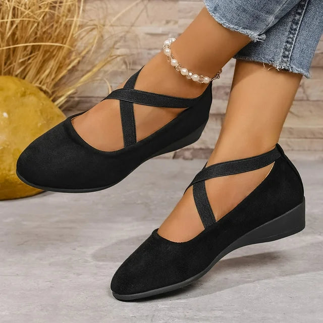 Women's Cross Strap Mary Jane Shoes – Closed Toe Low Wedge Suede Casual