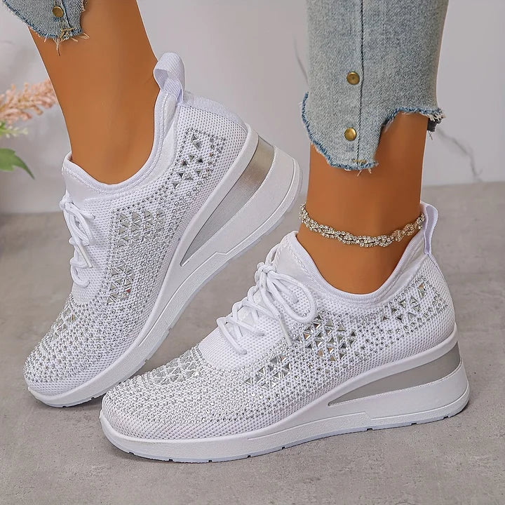 Women's Crystal Embellished Knit Sneakers – Lace Up Wedge Sole Casual