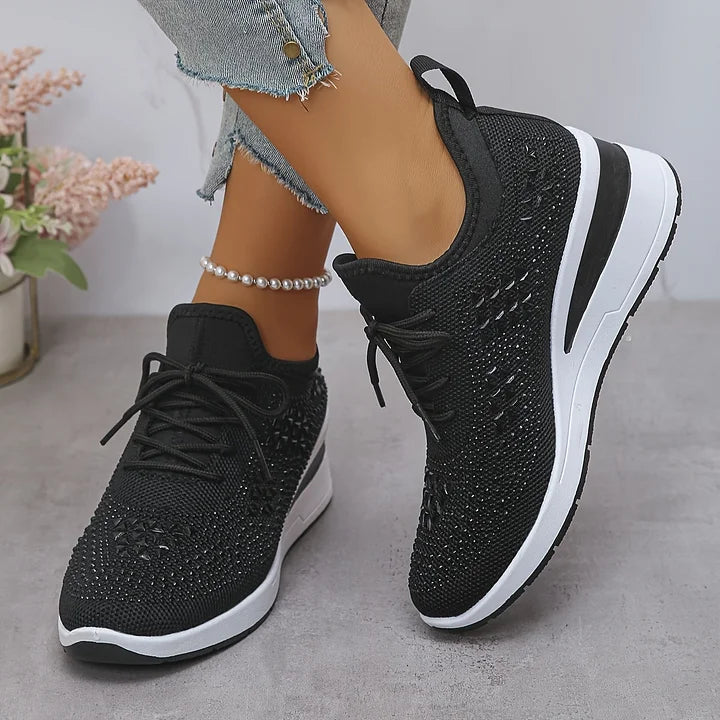 Women's Crystal Embellished Knit Sneakers – Lace Up Wedge Sole Casual