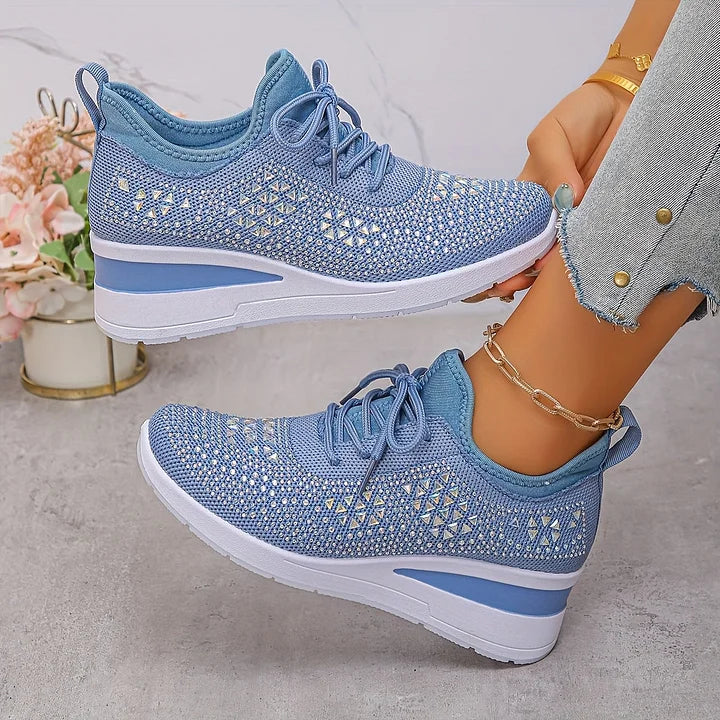Women's Crystal Embellished Knit Sneakers – Lace Up Wedge Sole Casual