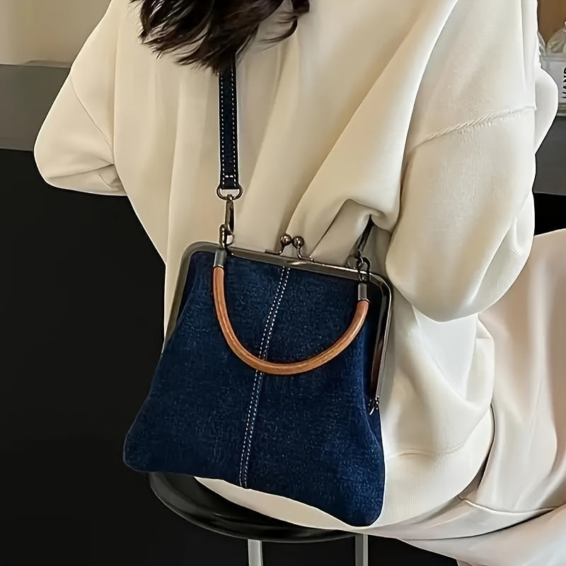 Women's Denim Frame Crossbody Bag – Top Handle Kiss Lock Clasp Casual