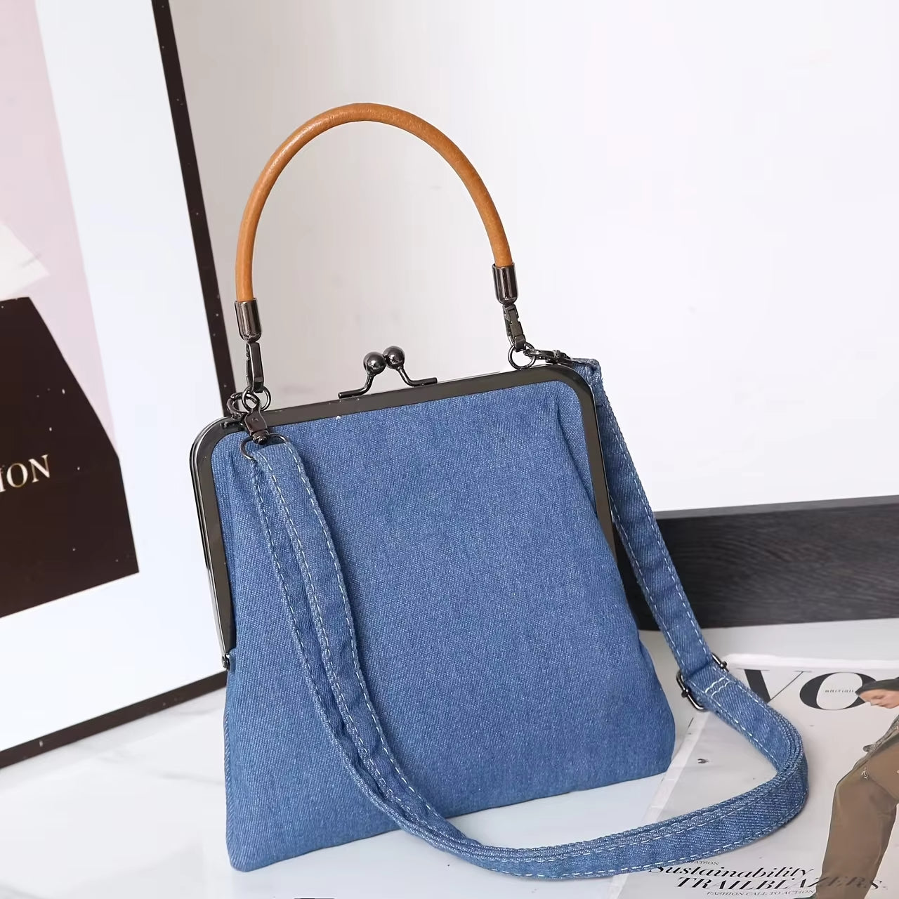 Women's Denim Frame Crossbody Bag – Top Handle Kiss Lock Clasp Casual