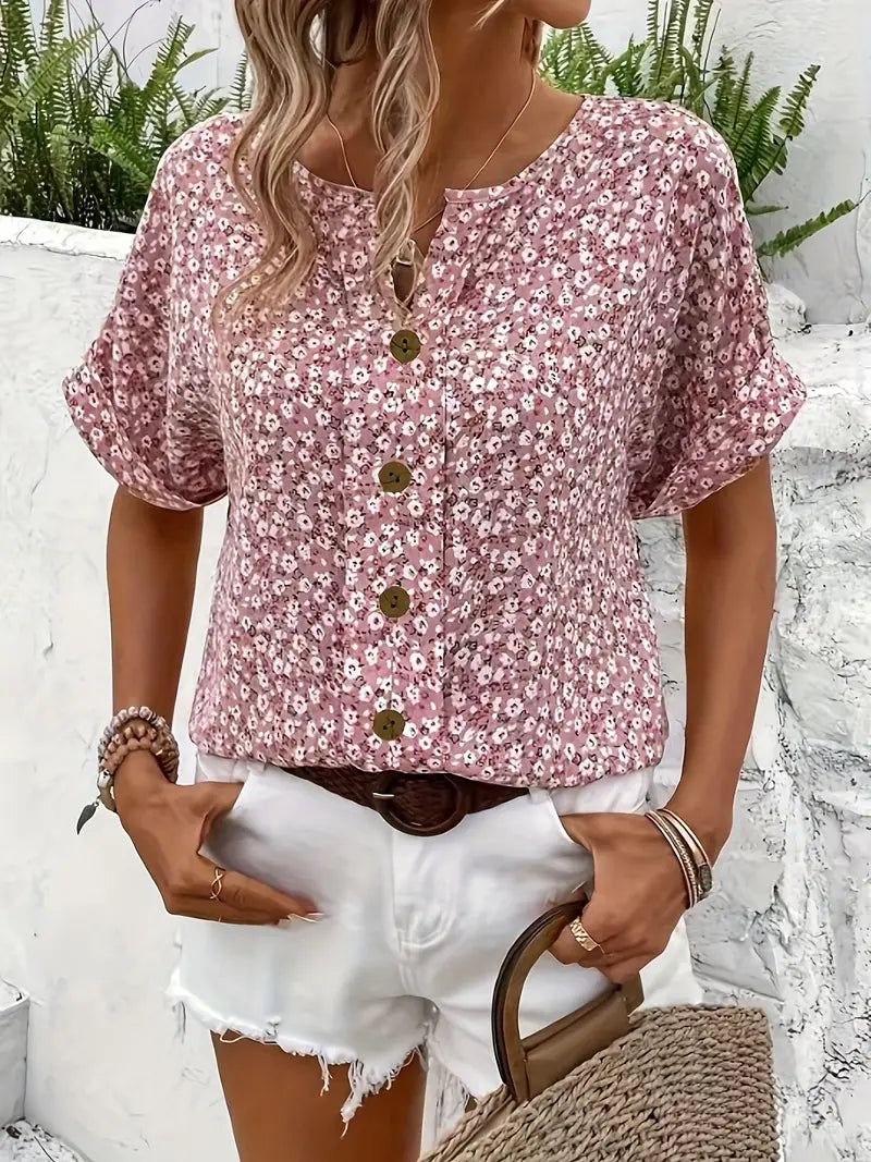 Women's Ditsy Floral Blouse – Button Front V Neck Short Sleeve Summer Casual