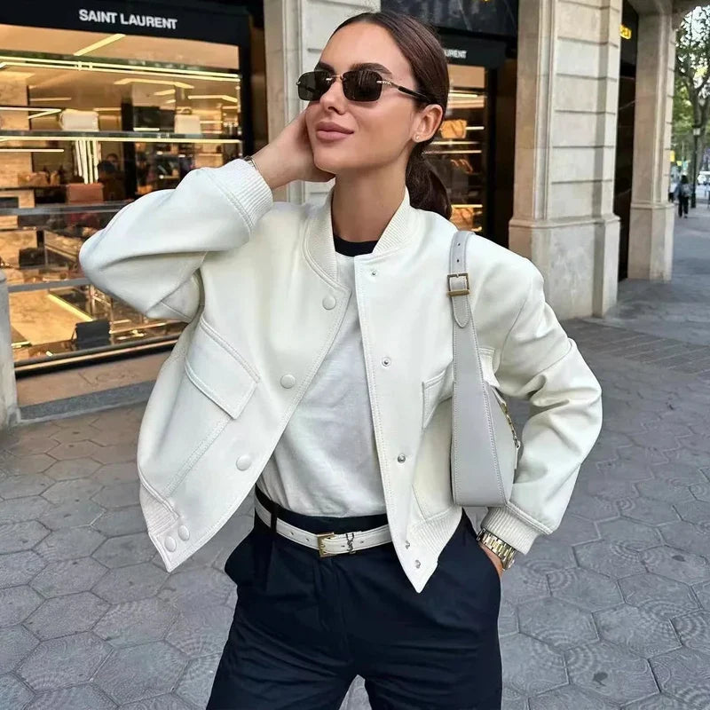 Women's Double Breasted Cropped Jacket – Stand Collar Patch Pocket Casual