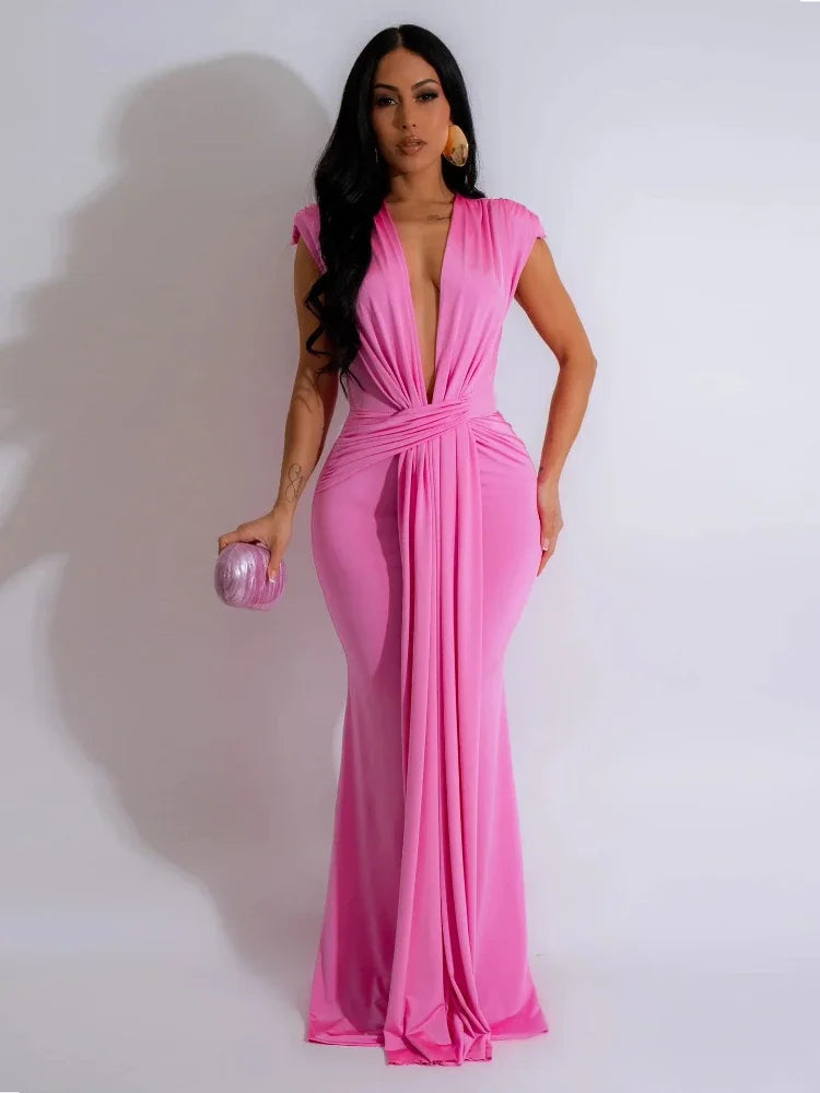 Women's Draped Maxi Dress – Deep V Neck Twisted Waist Sleeveless Formal