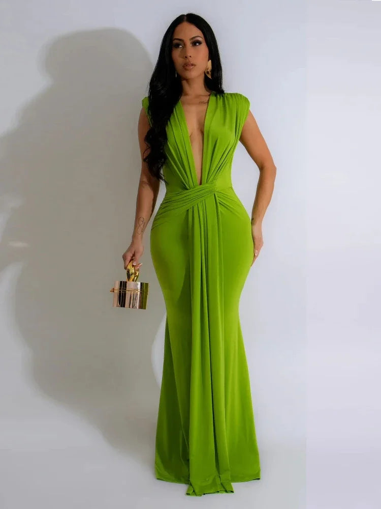 Women's Draped Maxi Dress – Deep V Neck Twisted Waist Sleeveless Formal
