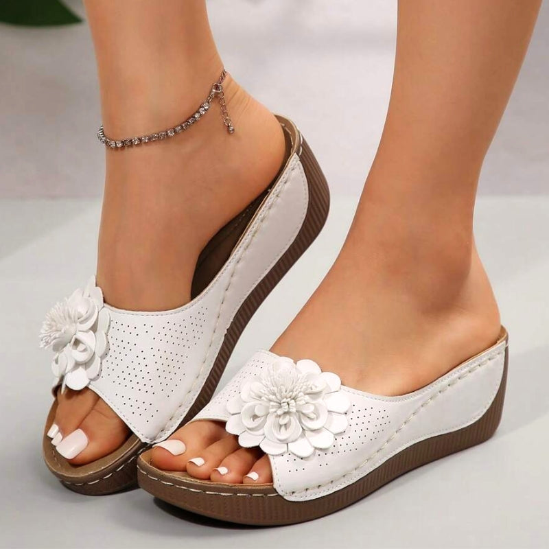 Women's Floral Appliqué Open Toe Wedge Slide Sandals – Perforated Summer