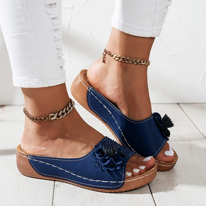 Women's Floral Appliqué Open Toe Wedge Slide Sandals – Perforated Summer