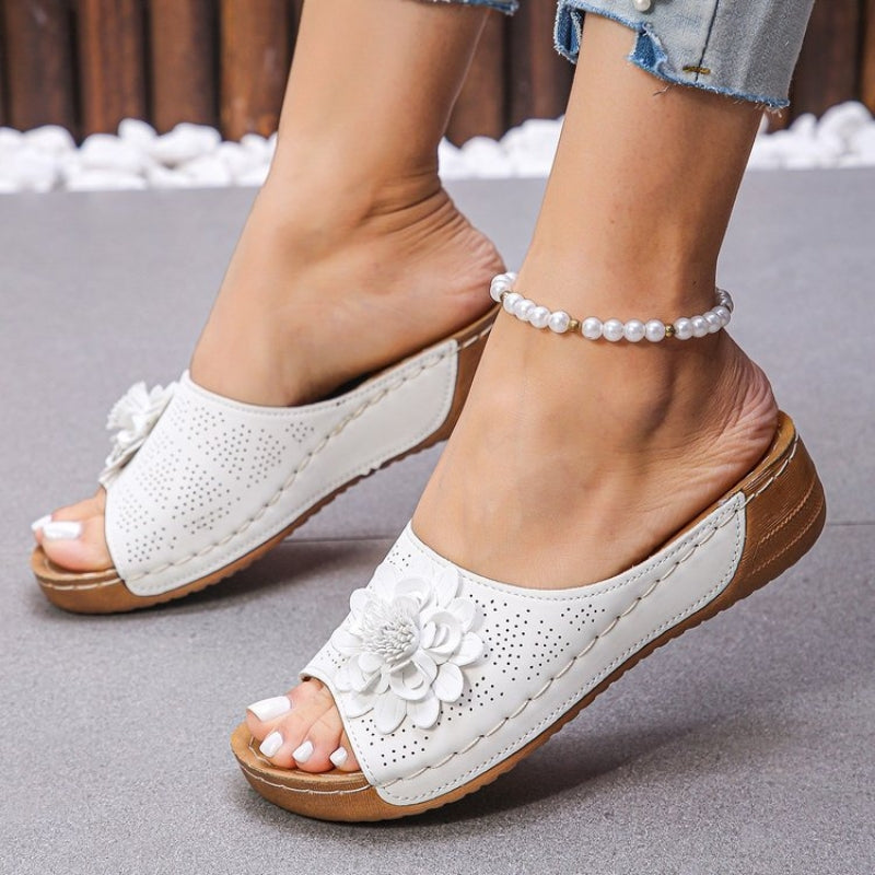 Women's Floral Appliqué Open Toe Wedge Slide Sandals – Perforated Summer